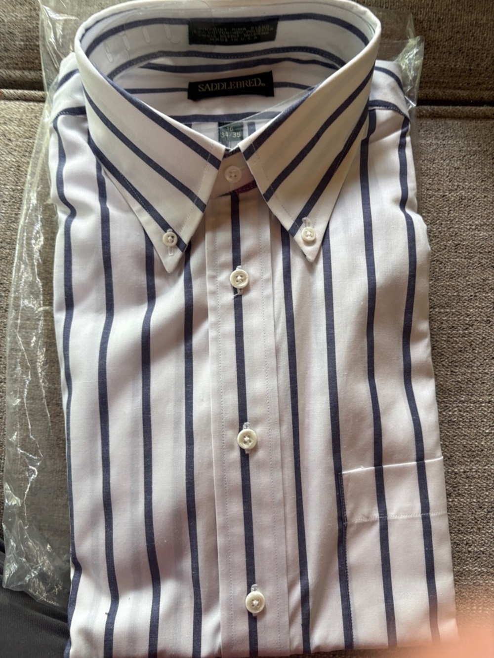 Saddlebred White Shirt with Navy Stripes - NWT Button-Down Collar 16 34/35